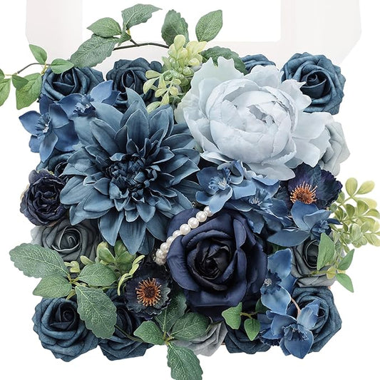 TINGE TIME Artificial Flowers Navy Blue Flower Combo for DIY Wedding Bouquets Table Centerpieces Arrangements Party Baby Shower Home Decorations