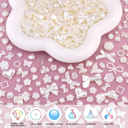 Assorted Acrylic Beads, 260-310PCS Mix ABS Imitation Pearl Cute Beads for Bracelet Making, Bow Flower Kawaii Charms for Jewelry Making DIY Necklace Keychain Phone Charm Christmas Gift
