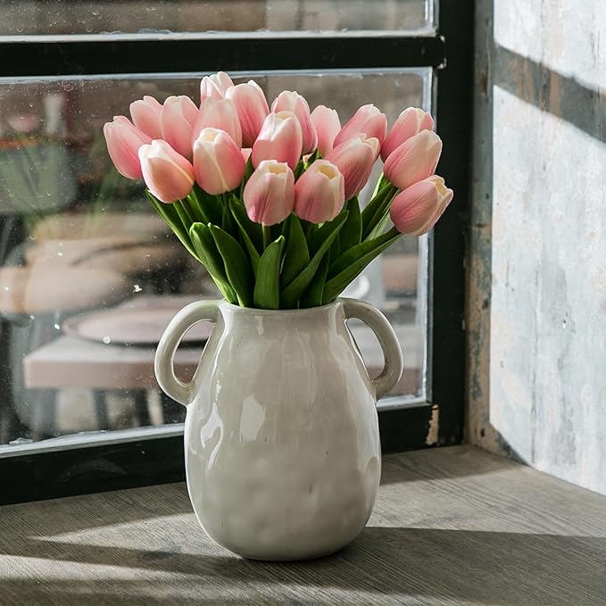 20pcs Pink and White Artificial Tulip Flowers, Silk Fake Flowers 13" for Mother's Day, Easter, Valentine’s Day Gifts in Bulk, Home, Kitchen, Wedding Decorations