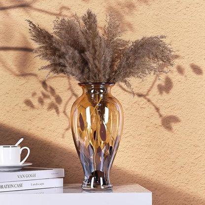 11.8" Tall Amber Gold Glass Vase Beautiful Hand Blown Glass Vase Modern Art Home Decor, Wide Mouth Colorful Vases for Mantle Dining Table Centerpiece, Entryway Living Room Wedding Decoration