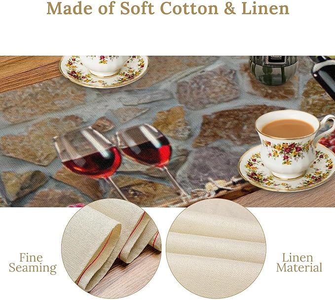 Red Wine Table Runner Wine Grape Alcohol Fruit Vintage Barrel Dinner Runner for Farmhouse Cabin Home Kitchen Dining Holiday Wedding Party Dining Decor 13x90in