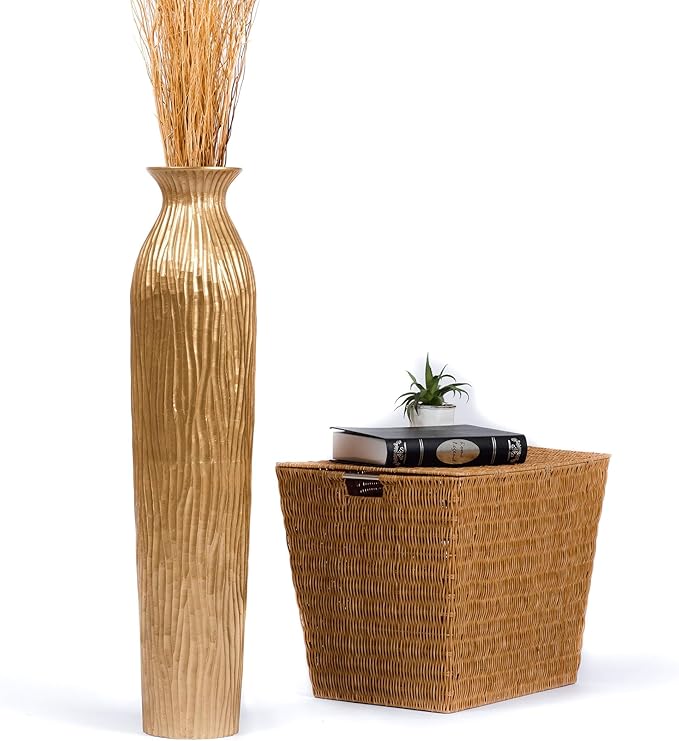 LEEWADEE Large Floor Vase – Handmade Flower Holder Made of Wood, Sophisticated Vessel for Decorative Branches and Dried Flowers, 36 inches, Golden