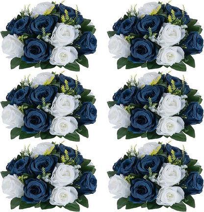 NUPTIO Artificial Flower Centrepieces for Tables - 6 Pcs Navy Blue & White Fake Flowers Roses Balls 9.5in Diameter - Silk Faux Rose Arrangement for Wedding Party Centerpiece Table Decorations