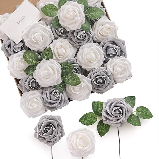 Ling’s Moment Artificial Flowers 25Pcs Silver & Grey Roses Decor w/Stems,3" Real Touch DIY Foam Floral for Wedding Bouquet/Centerpieces, Outdoors Party Backdrop, Room/Table, and Garden/Pot Decorations