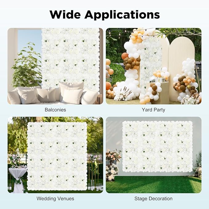 12Pcs Artificial Flower Wall Panel,3D 15" X 15" Silk Rose Mat Artificial Flower Wall,Decorative Backdrop Flower Panels Wall for Wedding Party Stage Baby Shower Decor (White)