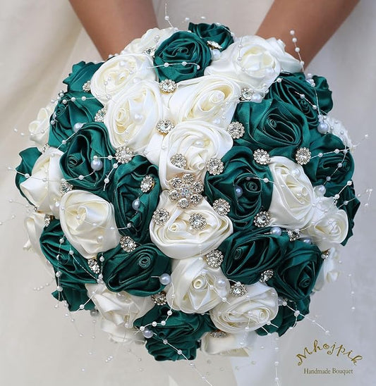 Bridal Wedding Bouquet Round Bling Brooch Bouquet Throw Toss Artificial Rose Flower Bunch for Bride Bridesmaid Wedding Quinceanera(Dark Green & Ivory, 8.7")