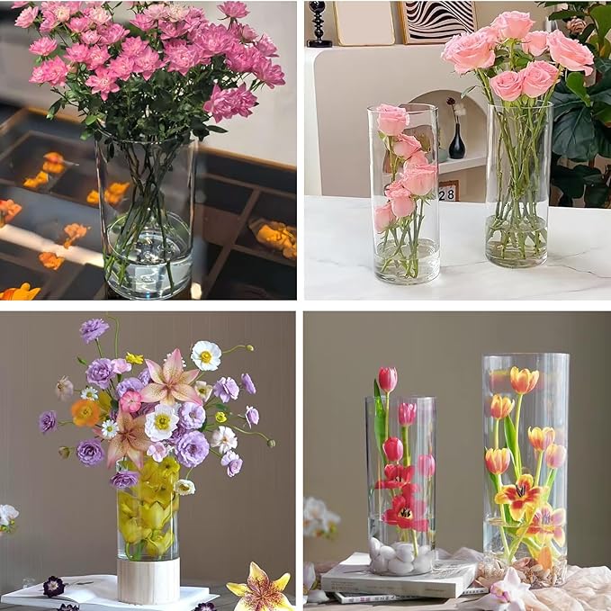 32 Pack Plastic Vases, 4 6 8 10 Inch Tall Acrylic Cylinder Vase Bulk Hurricane Candle Holder Large Clear Cylinder Plastic Vases for Centerpiece Flowers Wedding Party Home Office
