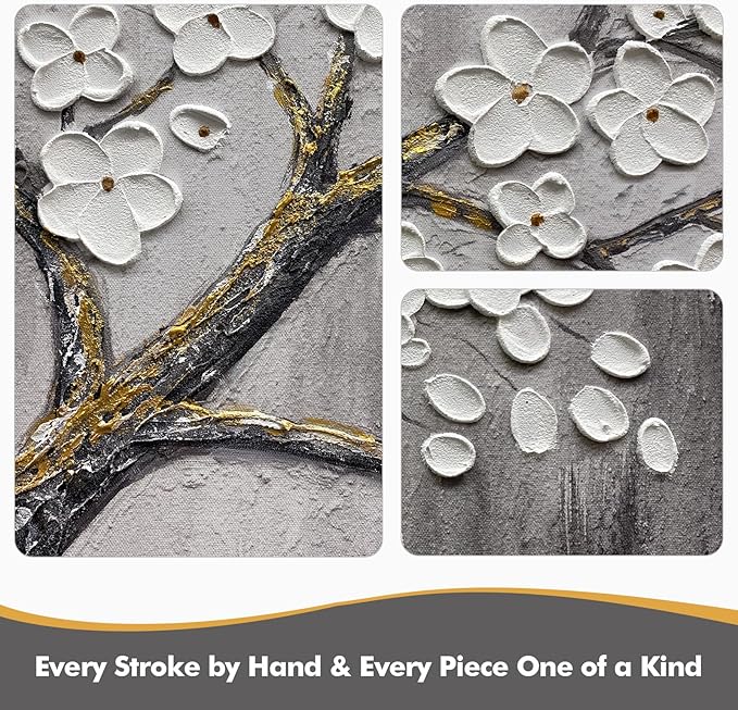 JUHOME Hand-Painted Black and White Thick Texture Flowers Abstract Oil Painting Wall Art,Floral Plum Blossom Tree with Raised Details,Modern Neutral Wall Decor for Home Bedroom,24x36