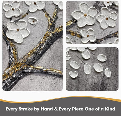 JUHOME Hand-Painted Black and White Thick Texture Flowers Abstract Oil Painting Wall Art,Floral Plum Blossom Tree with Raised Details,Modern Neutral Wall Decor for Home Bedroom,24x36