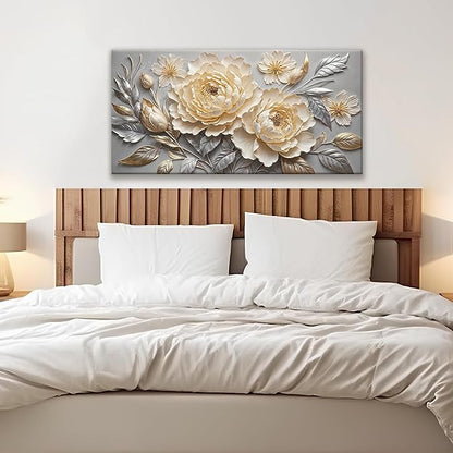 Canvas Art Wall Decor Prints Picture Flower Wall Art Landscape Painting Silver White Floral Wall Art Bedroom Bathroom Office Home Wall Decor 20" X 40" Ready To Hang