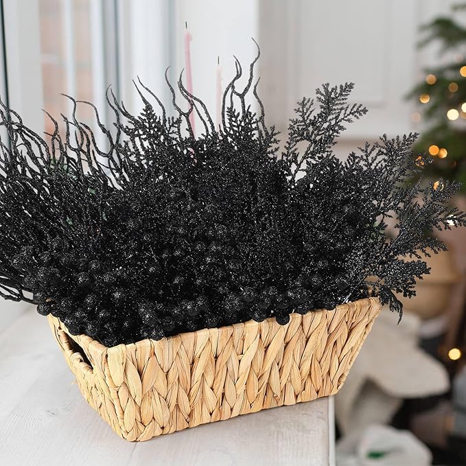 75 Pcs Christmas Glitter Branches 3 Styles Artificial Christmas Picks Berries Stems Pine Needles Floral Twig Spray for Xmas Tree Ornaments DIY Wreath Garland(Black)