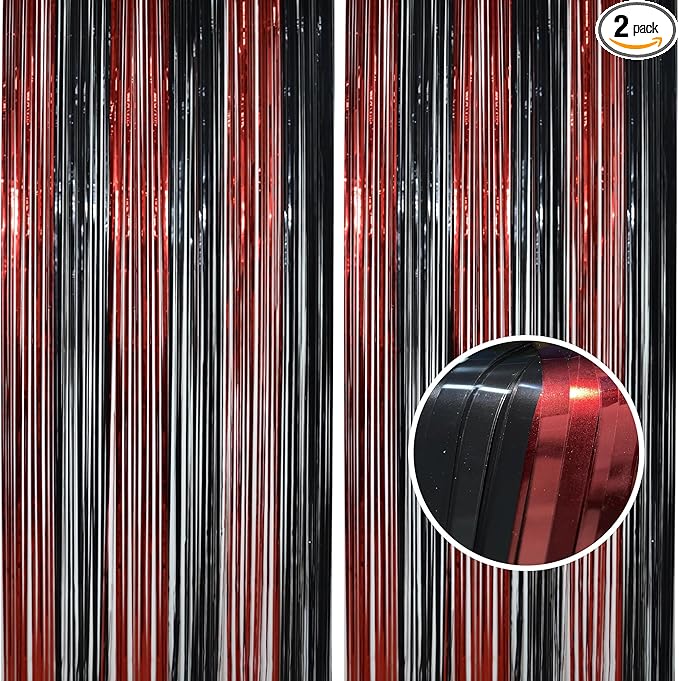 BRAVESHINE Tinsel Photo Backdrop Curtains - 2 Pack 3.2x8.2ft Black Red Foil Fringe Streamer Curtain for Christmas/New Years/Birthdays/Bachelorette/Home/Office/Indoor/Outdoor Party Supplies Decorations