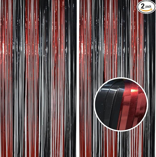 BRAVESHINE Tinsel Photo Backdrop Curtains - 2 Pack 3.2x8.2ft Black Red Foil Fringe Streamer Curtain for Christmas/New Years/Birthdays/Bachelorette/Home/Office/Indoor/Outdoor Party Supplies Decorations