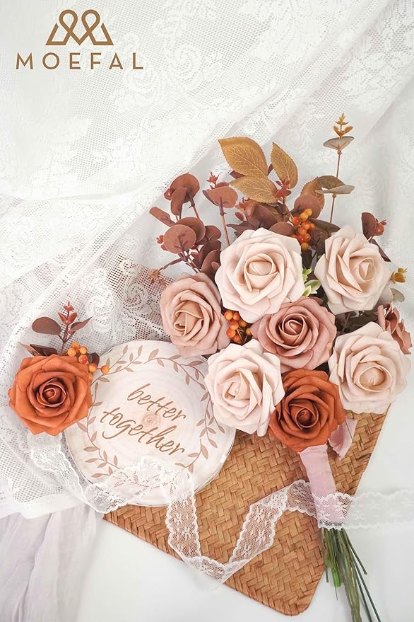 25Pcs Artificial Foam Roses 3 Inch, Terracotta Sunset Palette with Burnt Orange & Nude Shades, Realistic Flowers for DIY Boho Wedding Bouquets, Centerpieces, Fall Decor