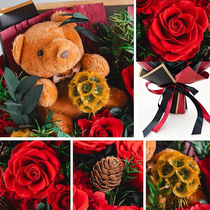 HUACHIPLUS Preserved Bouquet with Bear: Big Flowers Big Love-Romantic Gifts for Her Wife Girlfriend Mom-Flowers for Delivery Prime on Christmas Valentines Day Anniversary Mothers Day Birthday (Red1)