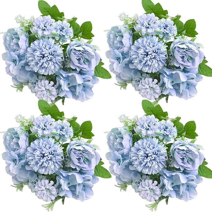 ASTRYAS Artificial Flowers, 4Pcs Blue Artificial Peonies Fake Peony Silk Hydrangeas for Decoration Faux Flower Arrangements for Home Decor Wedding Party (Light Blue)