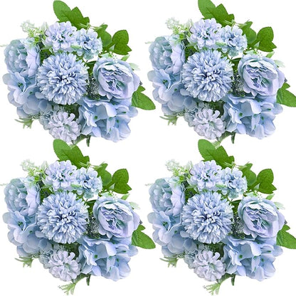 ASTRYAS Artificial Flowers, 4Pcs Blue Artificial Peonies Fake Peony Silk Hydrangeas for Decoration Faux Flower Arrangements for Home Decor Wedding Party (Light Blue)