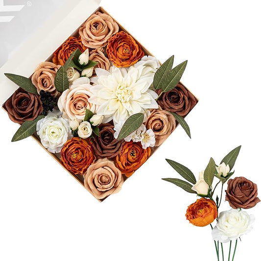 FANKO Artificial Flowers Brown Rose, Mixed Fake Silk Flowers Combo Cream White Rose White Dahlia Orange Ranunculus Vintage Style for DIY Wedding Bridal Bouquets, Home Decor