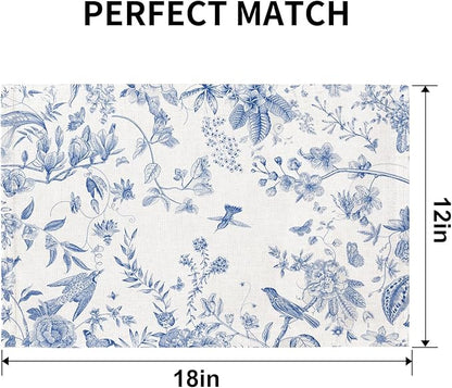 QIYI Boho Placemats Set of 6, 12x18 Inch Linen Fabric Place Mats for Kitchen Dinning, Farmhouse Rustic Floral Cloth Table Mats, Washable Placemat Botanical Party Table Décor, Blue Garden