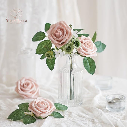Artificial Flowers, 25pcs Artificial Rose for DIY Wedding Bouquets Centerpieces Arrangements, Pink Foam Roses with Stem for Bridal Shower Party Home Decorations