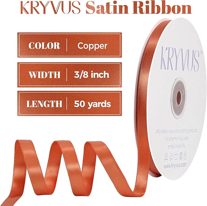 Copper Satin Ribbon, Double Faced 3/8 Inch X 50 Yards Copper Ribbon, Premium Satin Ribbon for Gift Wrapping, Crafts, Hair Bow Making, Sewing, Flower Bouquet, Wedding Party Decor