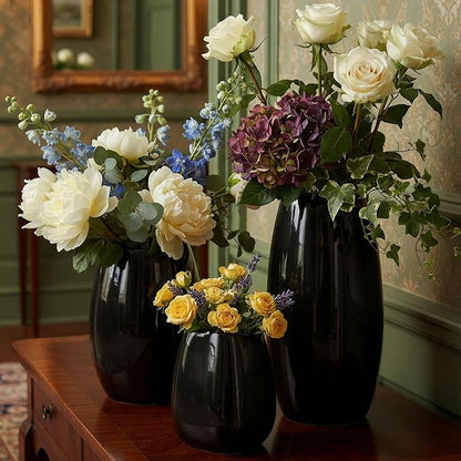 hjn Ceramic Vase Set of 3 Black Flower Vase for Home Decor, Modern Decorative Vase for Flowers/Ideal Shelf Decor/Table/Living Room/Kitchen/Office-Black
