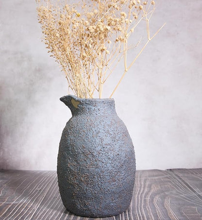7IN Rustic Ceramic Vase Vintage Farmhouse Style Decor, Kettle Clay Wabi Sabi Vases for Farmhouse Home Decor, Decor Living Room, Table, Shelf(Black)