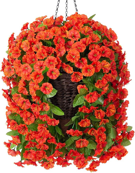 HyeFlora Artificial Fake Hanging Flowers Plants Baskets for Outdoor Decoration, Faux Silk Orange Morning Glory in Planter UV Resistant Look Real for Home Porch Patio Balcony Yard Decor