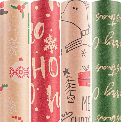 Happypapa Christmas Wrapping Paper, Kraft Xmas Wrapping Paper Rolls - Santa Claus, Gift, Reindeer and Merry Christmas Pattern - 4 Rolls - 17 Inch × 120 Inch Per Roll