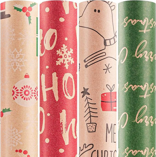 Happypapa Christmas Wrapping Paper, Kraft Xmas Wrapping Paper Rolls - Santa Claus, Gift, Reindeer and Merry Christmas Pattern - 4 Rolls - 17 Inch × 120 Inch Per Roll