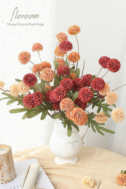 Floroom 9pcs Dark Red Burnt Orange Mix Faux Silk Mums Artificial Flowers, Bulk Fake Small Mini Chrysanthemums with Stems for DIY Wedding Centerpieces Floral Arrangements Vase Fillers Home Decorations