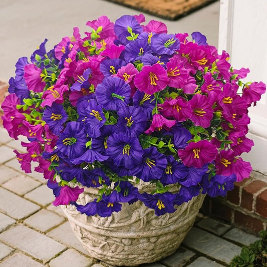 UV Resistant Fake Flowers for Outdoor Planters Hanging Basket Window Box - 12 Bundles Realistic Silk Artificial Flowers Outside with Eucalyptus, Faux Plants for Porch Garden Patio Home Décorations