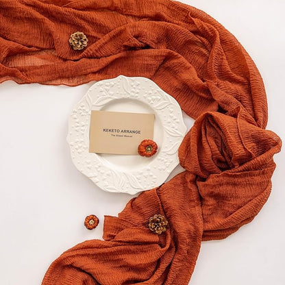 Fall Thanksgiving Table Runner Terracotta Decorations 120 Inch 10 FT Rustic Burnt Orange Sheer Cheese Cloth for Baby Bridal Shower Friendsgiving Party Centerpiece Gauze Decor for Home