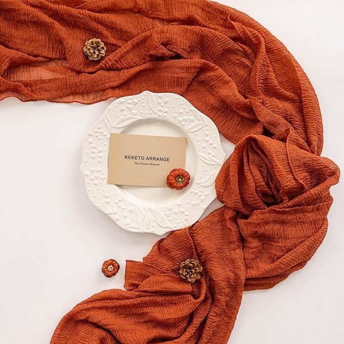 6pcs Fall Terracotta Table Runner Rust Gauze Rustic Cheesecloth 120 Inch 10 FT for Wedding Baby Shower Bridal Shower Birthday Engagement Garden Party Sheer Boho Thanksgiving Decorations