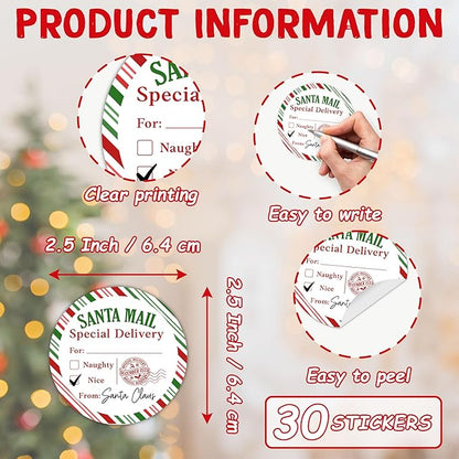 Christmas Gifts Tags Stickers from Santa, 30 Pcs Christmas Name Tags for Gifts, 2.5x2.5 Inch Holiday Presents Sticker Labels, Festive Chrismas Name Tag for Gift Wrapping Bags Classroom-D07