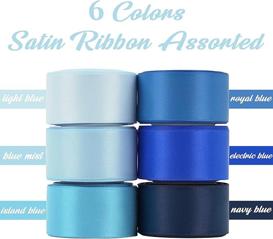 Huihuang Satin Ribbon for Gift Wrapping, Baby & Light Blue/Navy Blue Ribbon for Gift Wrap, DIY Crafts, Baby Shower Decor - 6 Colors x 5 Yards Each