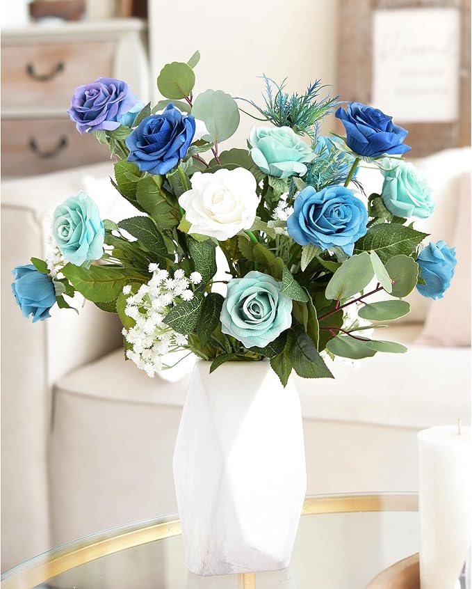 FiveSeasonStuff Artificial Blue and White Rose Bridal Bouquet – Real Touch Wedding Flowers with Eucalyptus, Baby’s Breath & Thistles – DIY Floral Kit for Ceremony, Centerpiece, Home Decor
