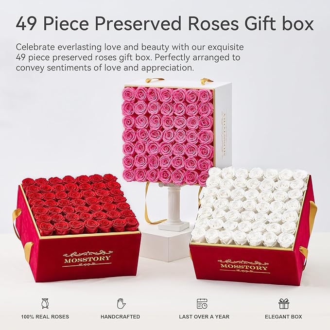 Preserved Roses in a Box 49-Piece Forever Flowers Gifts for Women Wife Mother Day Christmas Anniversary (Red Roses, Square Burgundy Suede Box)