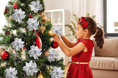 RECUTMS 10 Pieces Christmas Glitter Artificial Poinsettia Flowers Artificial Wedding Flowers Decorations Xmas Tree Ornaments 6-inch Decor Wreath Garland Holiday(Silver)