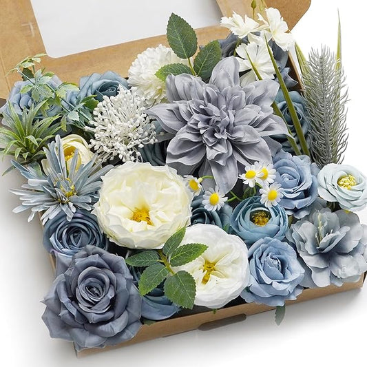 Artificial Flower Combination Box Set Artificial Flower Loose Leaves and Stems DIY Wedding Center Bouquet Bride Wedding Baby Shower(Grey White Blue)