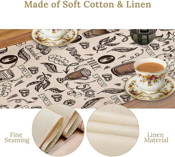 Coffee Theme Table Runner Coffee Time Espresso Seasonal Dinner Runner for Retro Farmhouse Kitchen Dining Coffee Table Decoration Cabin Home Holiday Party 13x36in