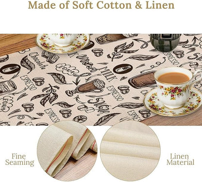 Coffee Theme Table Runner Coffee Time Espresso Seasonal Dinner Runner for Retro Farmhouse Kitchen Dining Coffee Table Decoration Cabin Home Holiday Party 13x60in