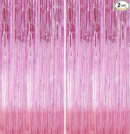 2 Pack 3.28 ft x 6.56 ft Pink Tinsel Curtain Party Backdrop Decorations, Metallic Foil Fringe Backdrop Door for Halloween, Christmas, Birthday Graduation Wedding Party Streamers Photo Backdrop.