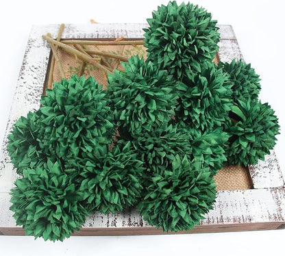Tinsow 12 Pcs Green Artificial Flowers Faux Ball Chrysanthemum Flowers for St. Patrick's Day Christmas Home Decoration (12, Blackish Green)