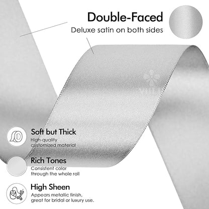 MEEDEE Silver Satin Ribbon 1-1/2 Inch Silver Ribbon Lux Double Faced Satin Ribbons by 50 Yards Polyester Satin Ribbons for Crafts, DIY Crafts, Weddings, Flower Bouquet, Holiday Decorating