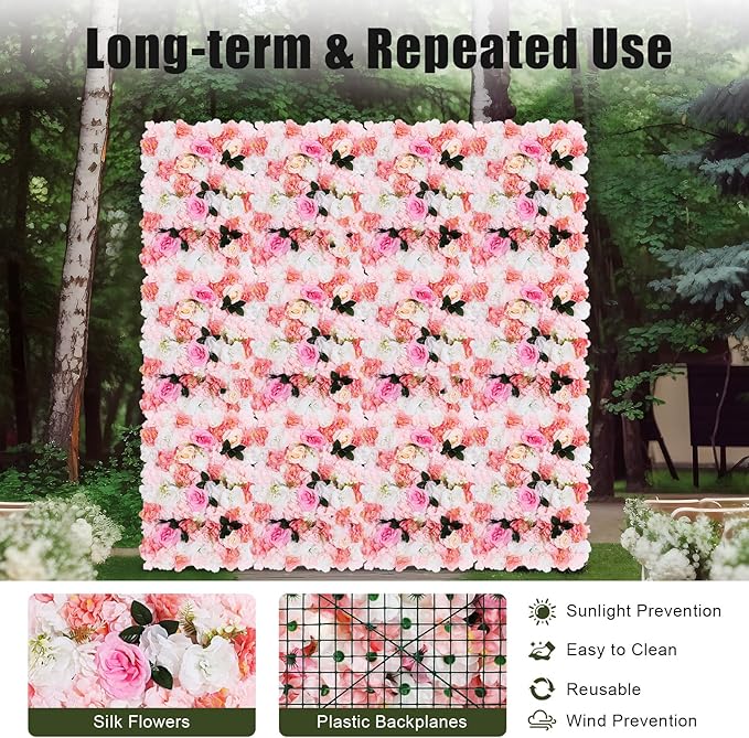 LOYALHEARTDY 12 Pack Artificial Flower Wall Panels 24" x 16" White & Pink Faux Roses Artificial Flower Backdrop Panels for Wedding Party Event Flower Wall Decor