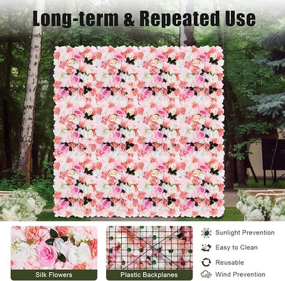 12PCS Flower Wall Panels, 3D Silk Floral Wall Backdrop, Realistic Pink Dahlias Rose Flower Backplanes, Roll Up Fake Flower Background for Valentines Wedding Party Home Decoration