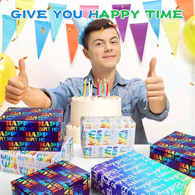 BWLOIES Wrapping Paper Birthday Wrapping Paper Sheets Hradient Multi-colour Happy Birthday Paper Set Include Bday Gift Wrap withTags & Ribbon,Present wrap for Boys Men Girls Women