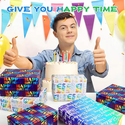 BWLOIES Wrapping Paper Birthday Wrapping Paper Sheets Hradient Multi-colour Happy Birthday Paper Set Include Bday Gift Wrap withTags & Ribbon,Present wrap for Boys Men Girls Women