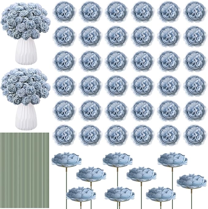Thiccywoov 200 Pcs Flowers Long Stem Artificial Rose Bulk, 3.2 Inches Silk Rose Head Flowers Faux for Wedding Bridal Bouquet Independence Day Home Floral DIY Centerpieces Party Decoration(Dusty Blue)